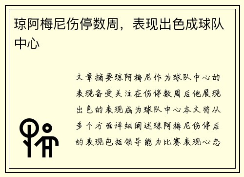 琼阿梅尼伤停数周，表现出色成球队中心